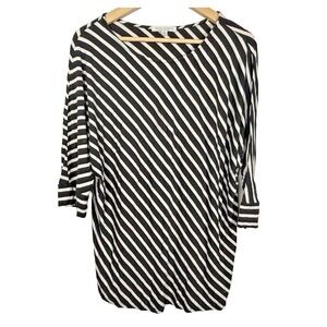 Green Envelope Womens 1X Stripe 3/4 Dolman Sleeve Black White Tunic Blouse Shirt